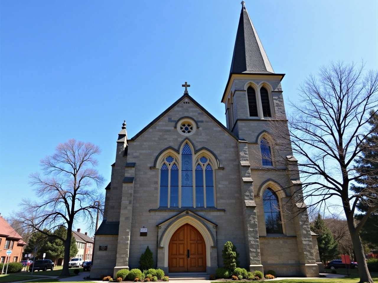 The image shows an older stone church with a tall pointed steeple and large stained glass windows. The building has a predominantly gray exterior, indicating it has been weathered over time. The entrance features a large wooden door, and the overall architecture exhibits intricate details that suggest a historical style. There is a clear blue sky in the background, adding to the serene atmosphere of the scene. Surrounding the church, there are some trees and shrubs, contributing to the setting's natural beauty.