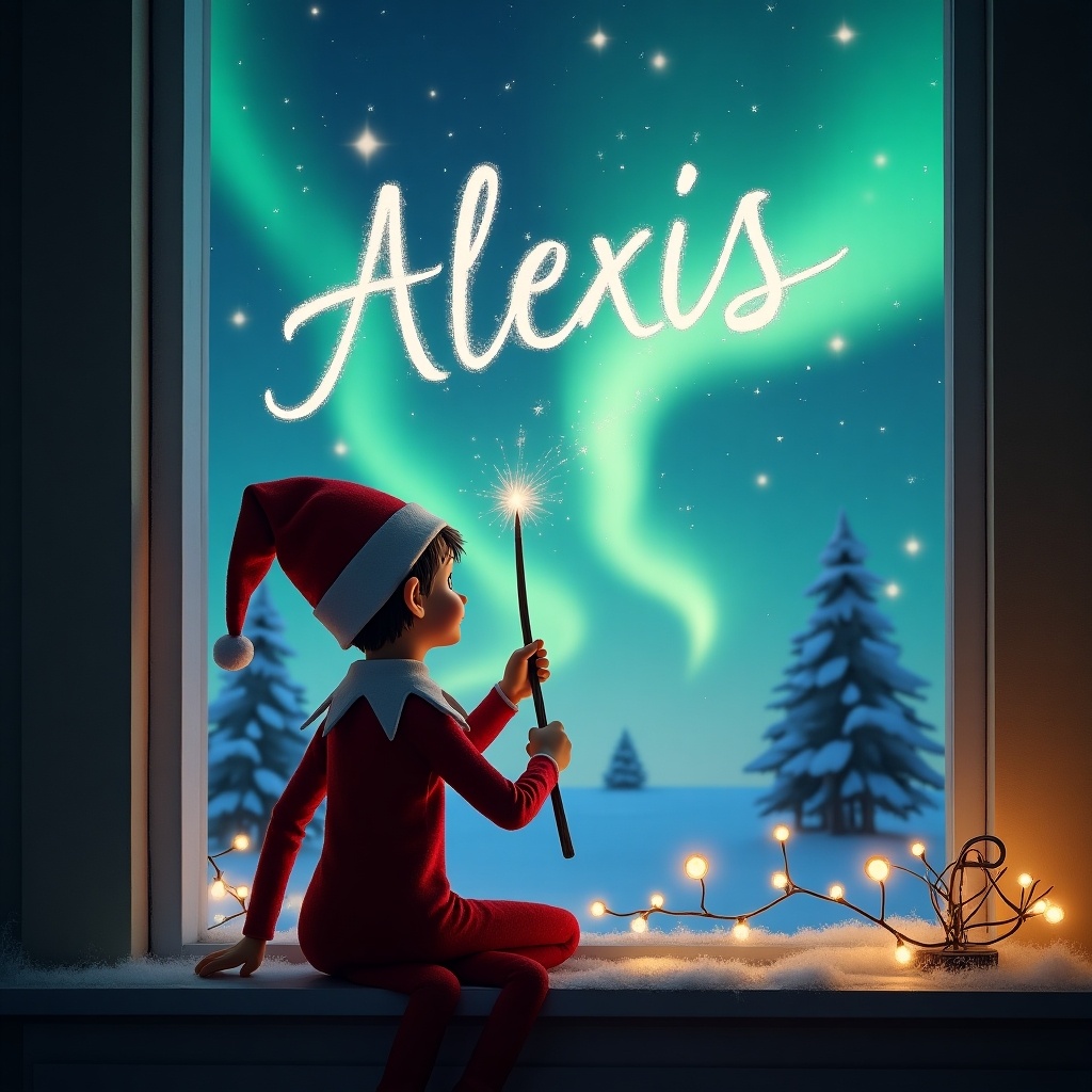 The image depicts an elf on the shelf, sitting on a windowsill with his back facing the viewer. The elf is in a red outfit and holding a wand, using it to write the name 'Alexis' in the night sky. Outside the window, a magical Christmas scene unfolds, highlighted by vibrant northern lights in shades of green and blue. Snowy trees are visible in the background, adding to the festive atmosphere. Christmas lights adorn the window, enhancing the warm, cozy feel of the scene. The elf symbolizes holiday cheer and childhood magic, making it a perfect representation of the festive spirit.