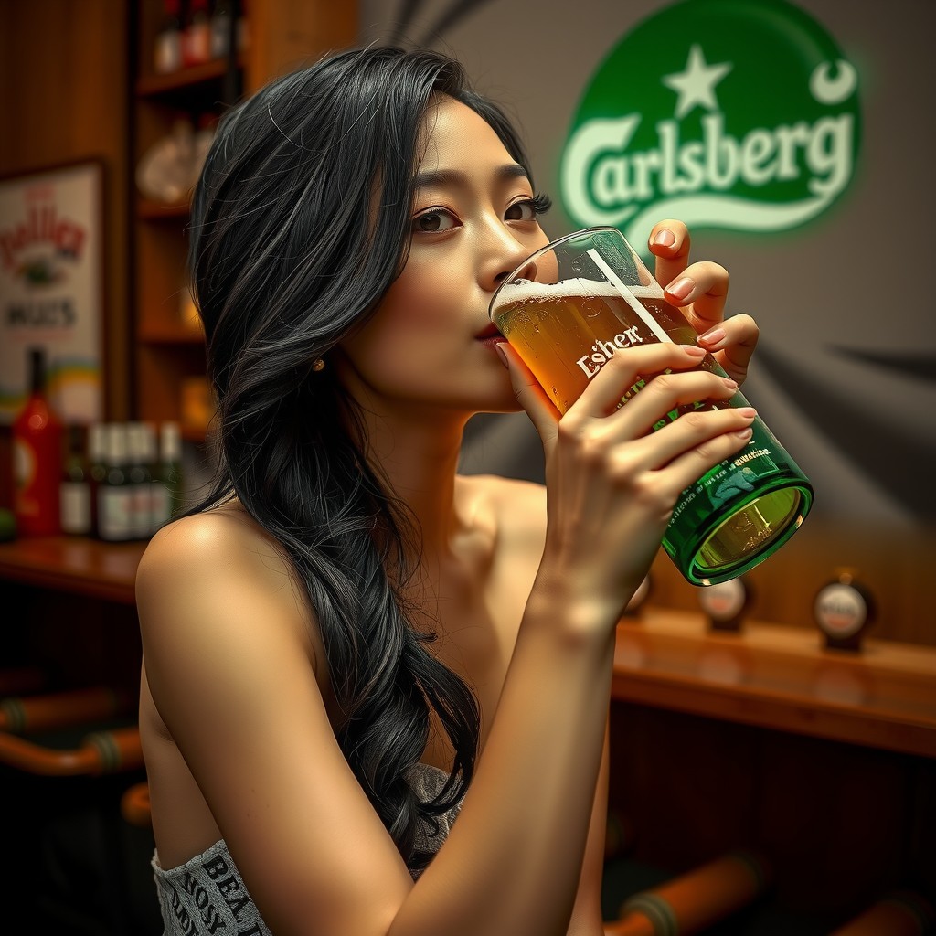 A person enjoying a drink in a cozy bar setting with a Carlsberg logo in the background.