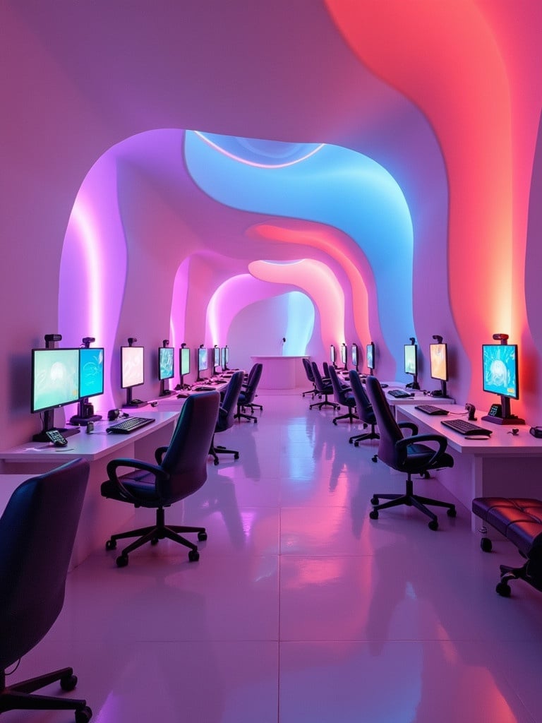 Interior scene featuring flowing surreal decor and soft lighting. Gradient walls in vibrant colors create a warm, futuristic atmosphere. Computer stations line the corridor, ideal for gaming.