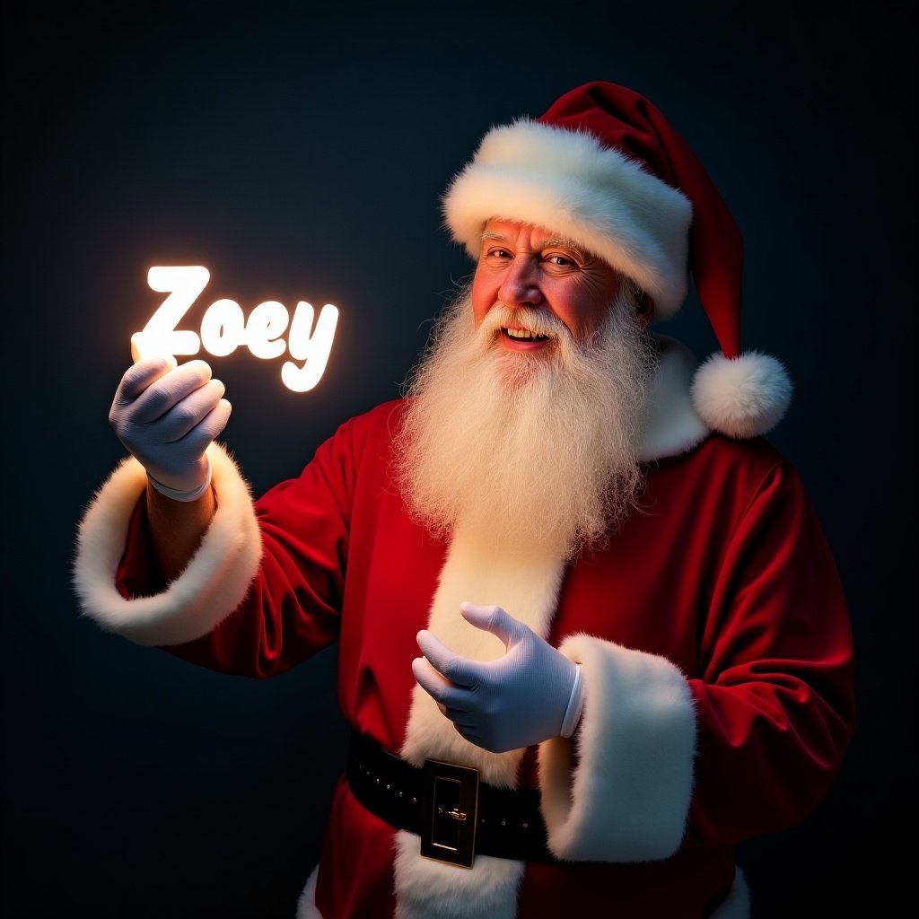 Santa Claus in classic red suit holds glowing stick showing name Zoey. Jolly expression enhances winter cheer. Dark background highlights glow effect.