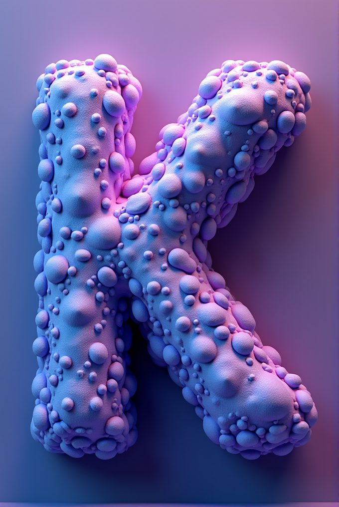 A letter 'K' with a bumpy, bubble-like texture in shades of purple and blue.