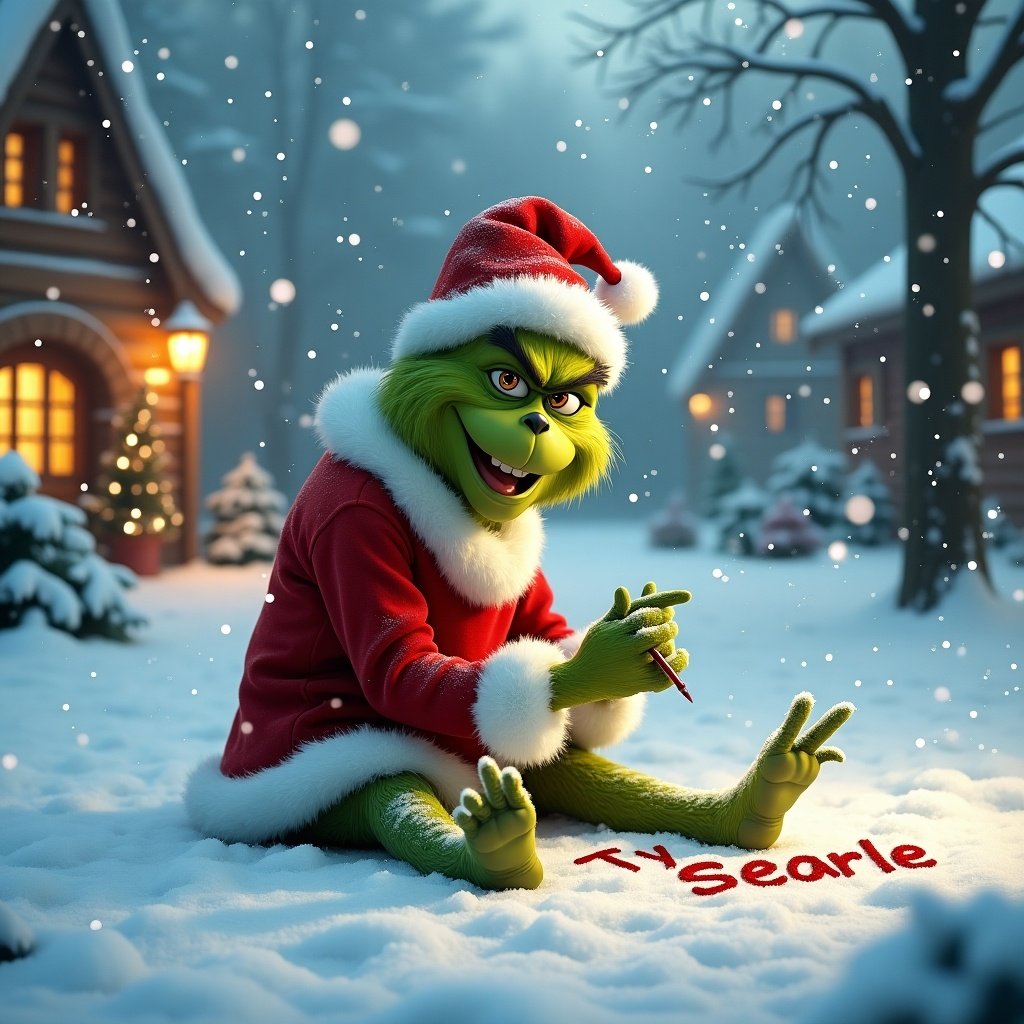 In a snowy landscape, the Grinch sits in a red and white Christmas outfit writing in the snow. Snowflakes fall around him. His joyful essence reflects the holiday spirit. Cozy cottages with warm lights create a magical atmosphere. This moment captures creativity and giving for holiday projects.