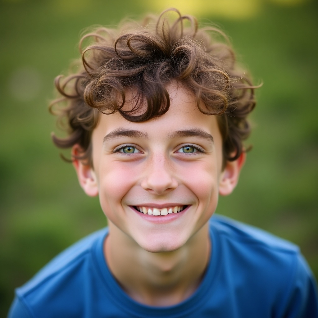 Close-up portrait of a happy boy with curly hair wearing a blue shirt. He is smiling brightly at the camera. The background is soft and green.