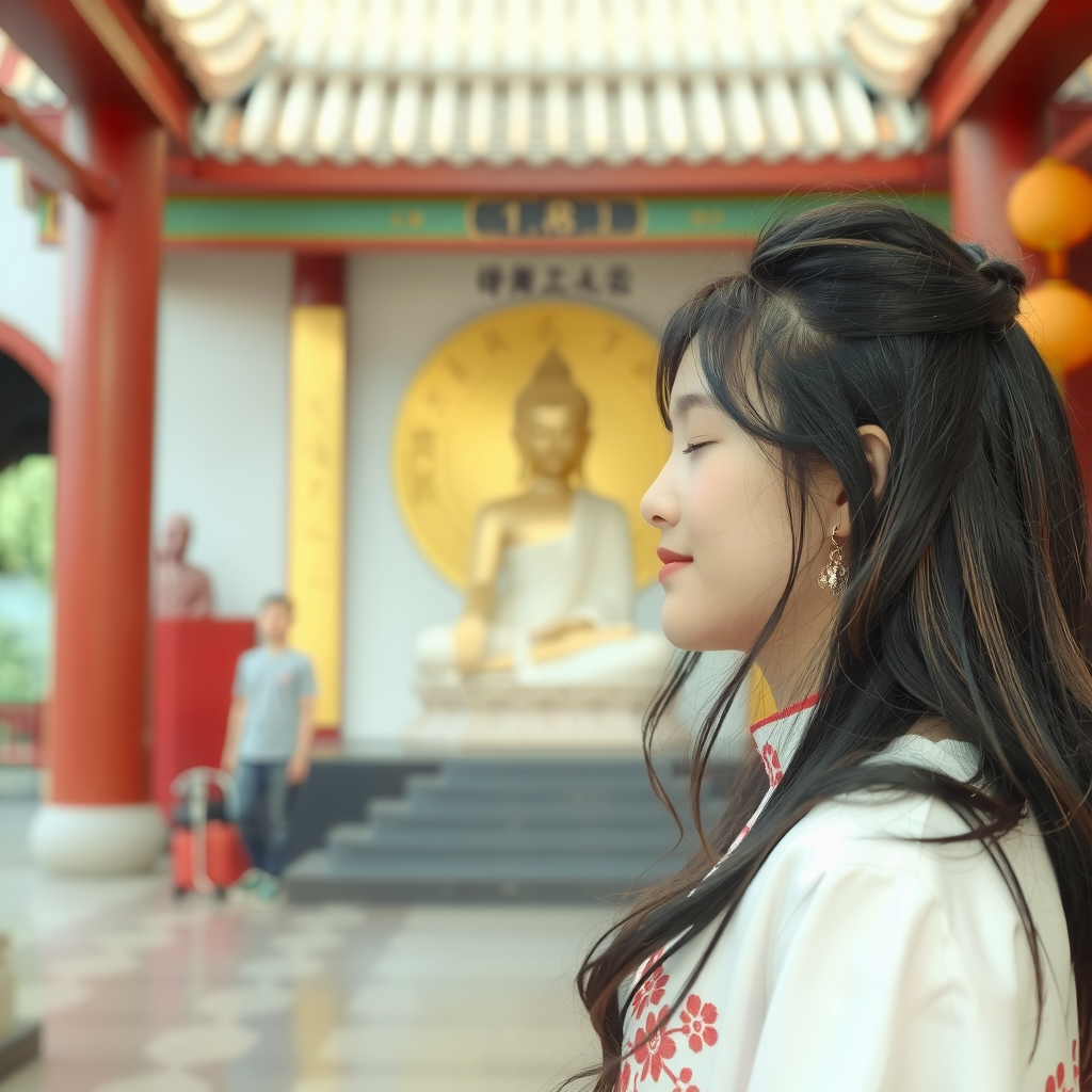 A serene moment captured as a woman in traditional attire stands with eyes closed in a temple courtyard.