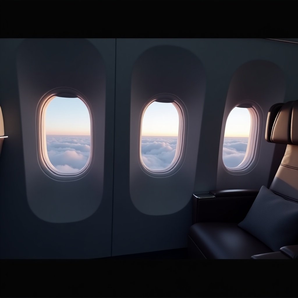 Cinematic 3D rendering of an Etihad Airways airplane interior showing business class cabin windows. View reveals white clouds against a nighttime backdrop with a dark ambience.