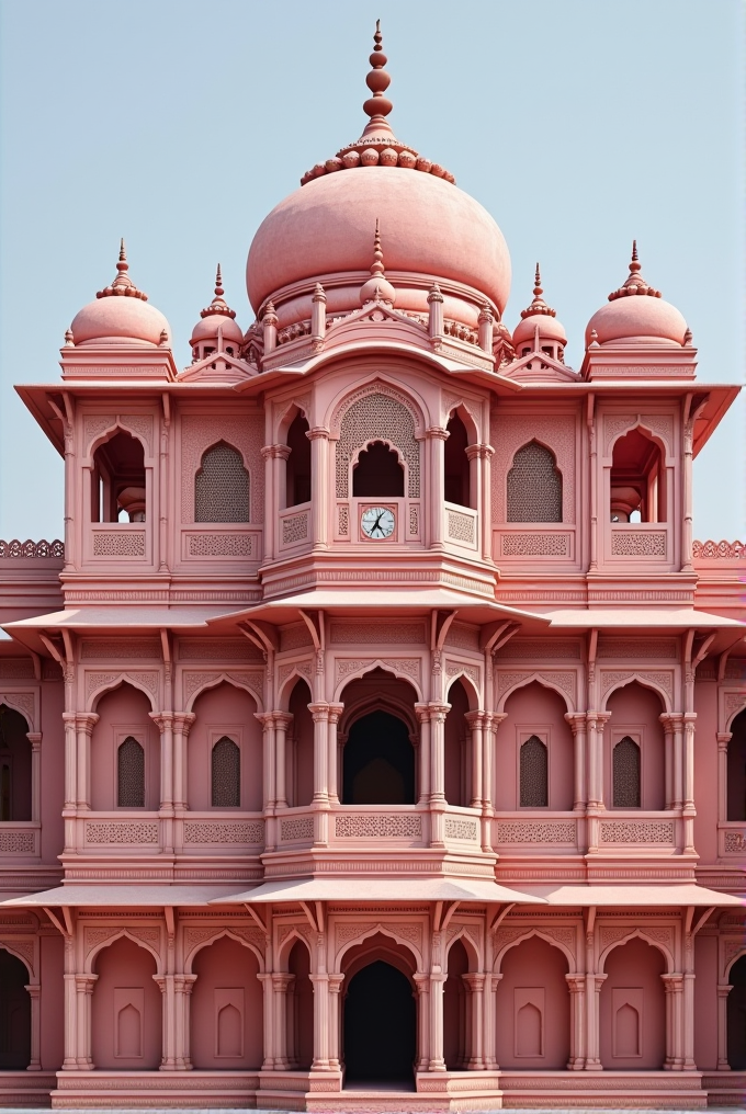 A pink palace with multiple domes and arches, featuring intricate architectural details.