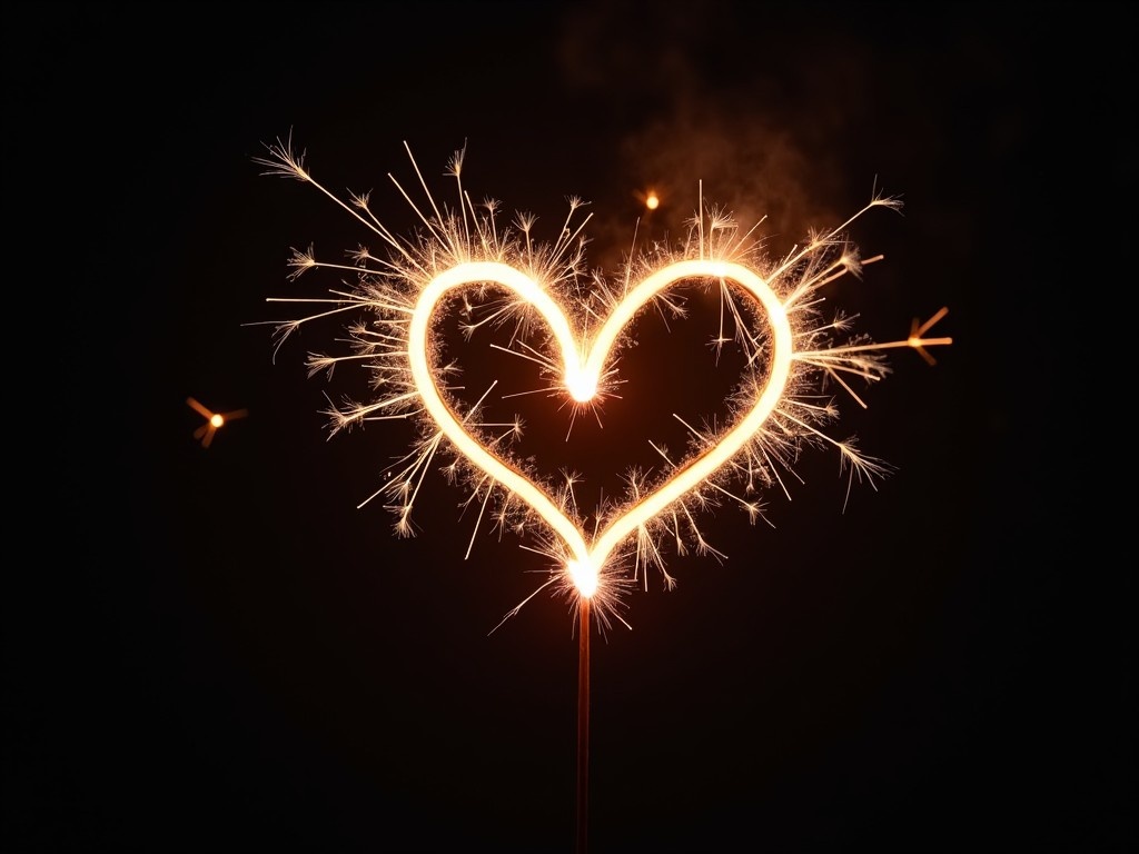 A glowing sparkler forms a bright heart shape against a dark background, with sparks radiating outward. This image captures the essence of love and celebration. The heart shape glows brightly, creating a warm feeling. The contrast of the bright light against the dark enhances the visual effect. Perfect for Valentine's Day or romantic occasions.