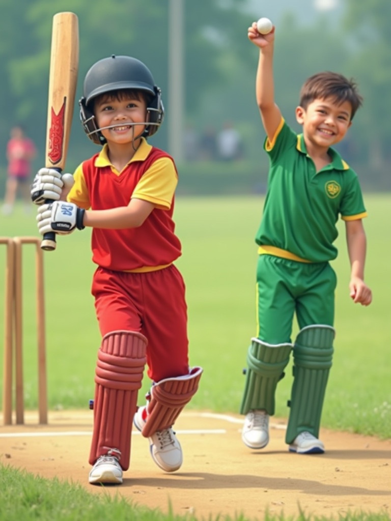 A child in red uniform is confidently batting. Another child in green uniform is energetically bowling. The scene captures a cricket moment on a field. Both kids wear vibrant sports uniforms. The background shows a cricket field with greenery.