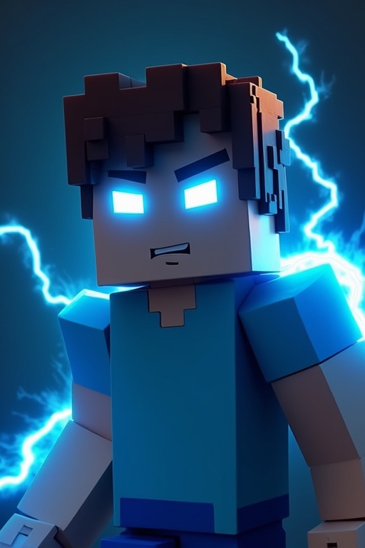 Image features a Minecraft character in a dynamic pose. Character appears ten years old. Character looks intelligent and determined. Blue shirt contrasts with dark background. Electric blue light gleams from his eyes. Surrounding him are bolts of electricity. Image captures a sense of action and power. Style remains blocky akin to Minecraft.