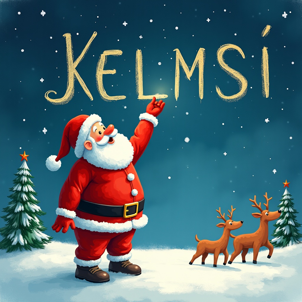 The image showcases Santa Claus dressed in his iconic red outfit, complete with a fluffy white beard, pointing towards the night sky. He is spellbindingly writing the names 'Kelsi' and 'Jazmine' in golden letters that shimmer against the starry background. Beside him, two adorable reindeer stand, adding to the festive atmosphere of a snowy landscape. Snow-covered fir trees frame the scene, enhancing the merry feel of the illustration. The overall ambiance conveys warmth and joy, perfect for the holiday season. Santa's expression is cheerful, inviting a sense of wonder in viewers.