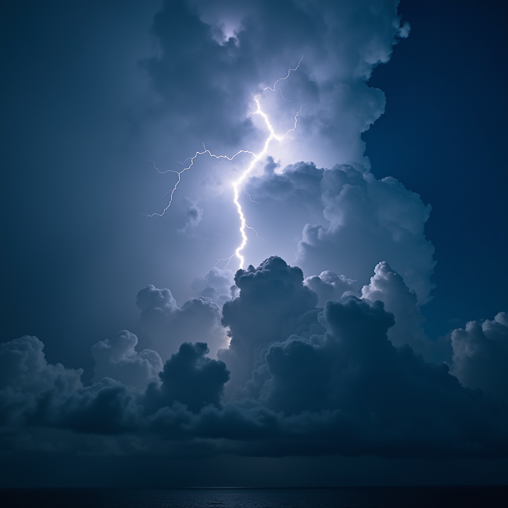 A dramatic scene of lightning illuminating dark, towering storm clouds over the sea.