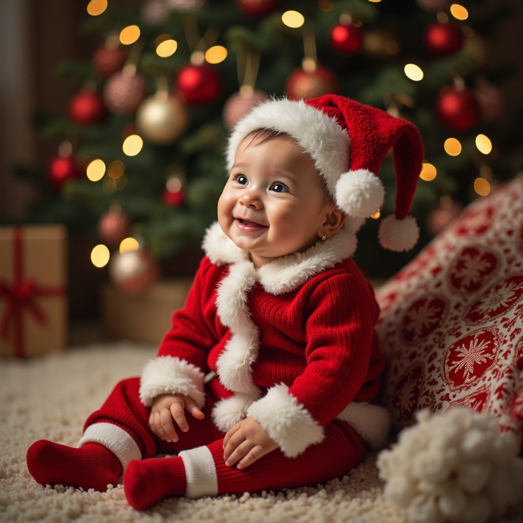 A baby wearing a red Christmas outfit with white trim. The baby sits on a soft carpet, surrounded by festive decorations. There is a Christmas tree in the background with soft bokeh lights. Gift boxes are visible nearby. The overall atmosphere is cozy and cheerful.