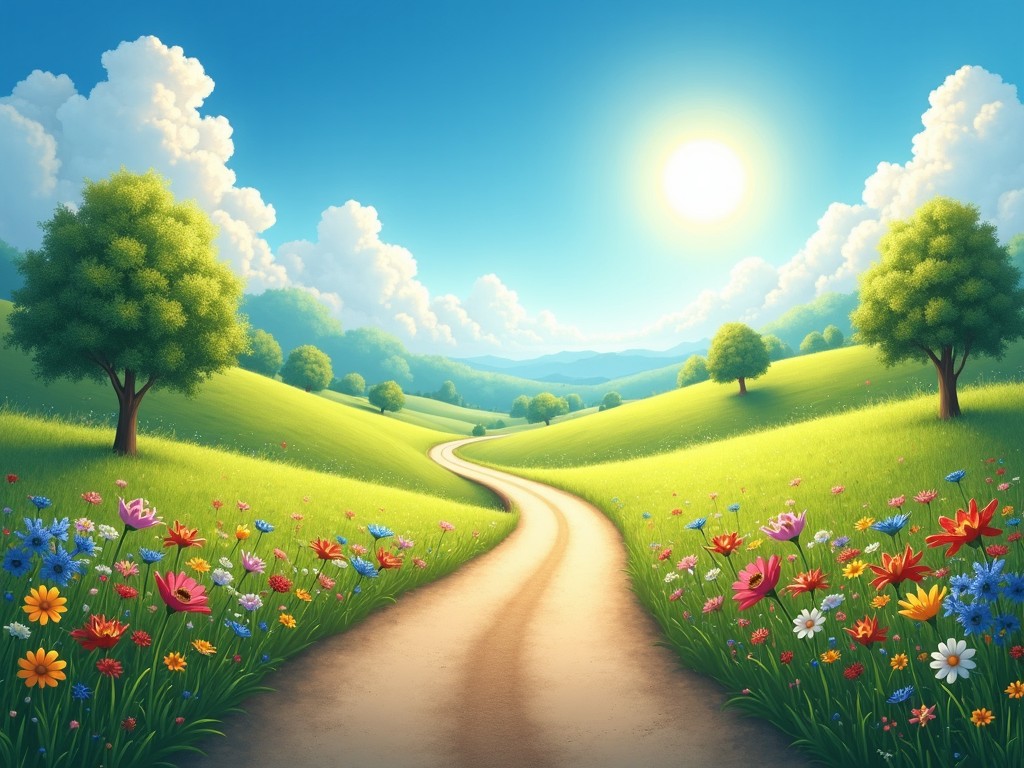 The image depicts a serene landscape featuring a winding road that invites viewers into a bright and beautiful scene. Lush green hills roll gently under a clear blue sky dotted with fluffy white clouds. On either side of the road, vibrant flowers bloom in various colors, adding to the scene's charm. The sun shines brilliantly, casting a warm glow on the entire area. This picturesque setting evokes a sense of happiness and hope for future success.