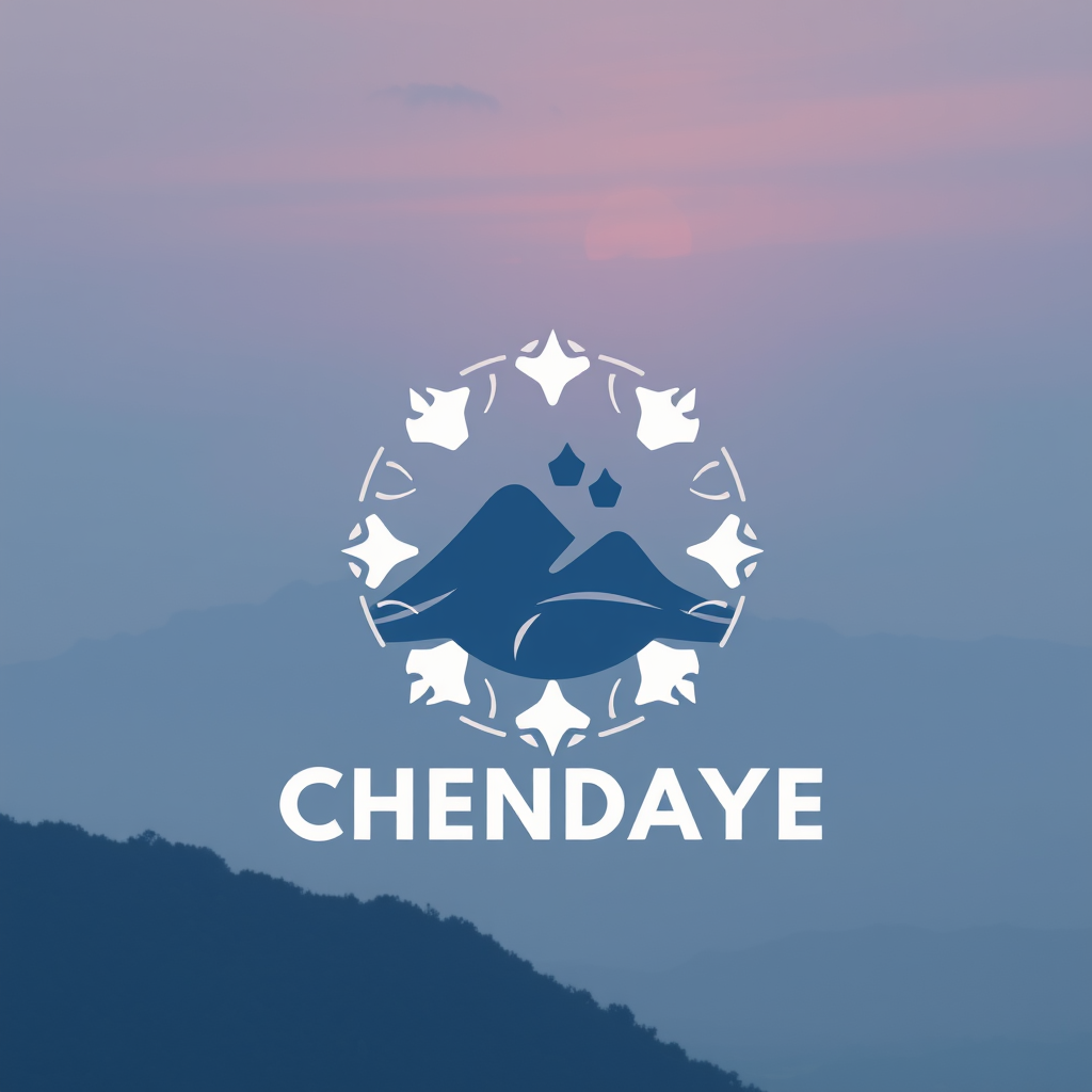 A stylized logo features mountains and decorative elements against a tranquil, misty mountain landscape at sunset.