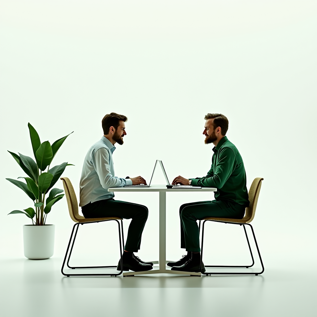 Two men sit opposite each other at a table with laptops, against a minimalist background with a plant.