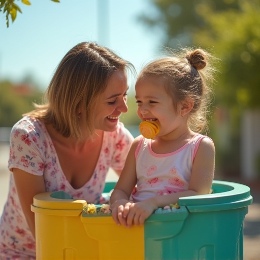 Scene of a mother interacting with her daughter. Daughter sits in a large garbage bin. Child holds a large pacifier. Sunny outdoor environment. Playful moment captured.