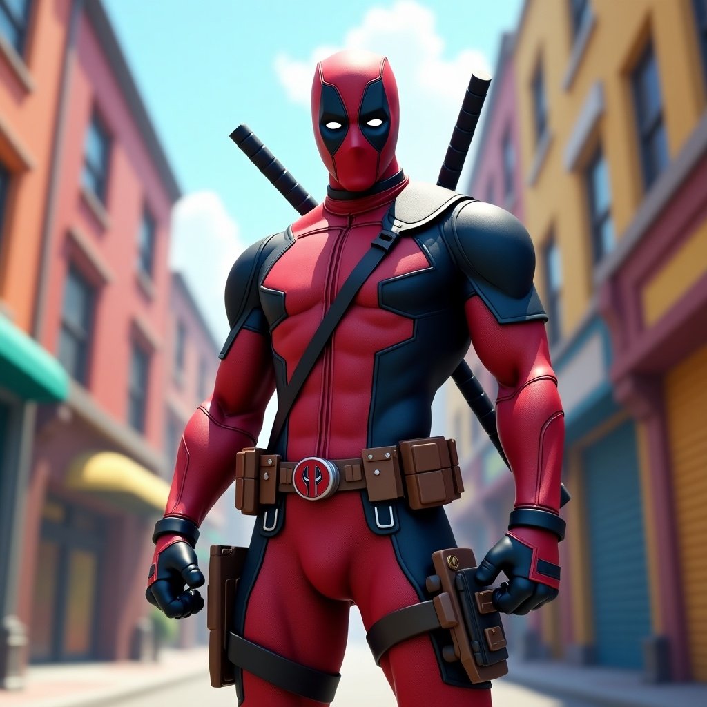 3D rendering of Deadpool in vibrant urban setting. Character stands confidently with weapons. Bright colors highlight scene.