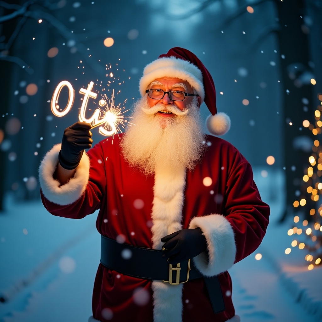 This enchanting image captures Santa Claus in a snowy forest during Christmas time. He is joyfully using a glow stick to write the name 'Otis' in the air. The scene is filled with soft falling snowflakes, creating a magical atmosphere. Warm lights from nearby trees add to the festive spirit, making the environment feel inviting and cheerful. Santa's outfit is traditional, featuring a bright red coat with white fur trim and a black belt. His joyful expression radiates holiday cheer, making this image perfect for Christmas celebrations.