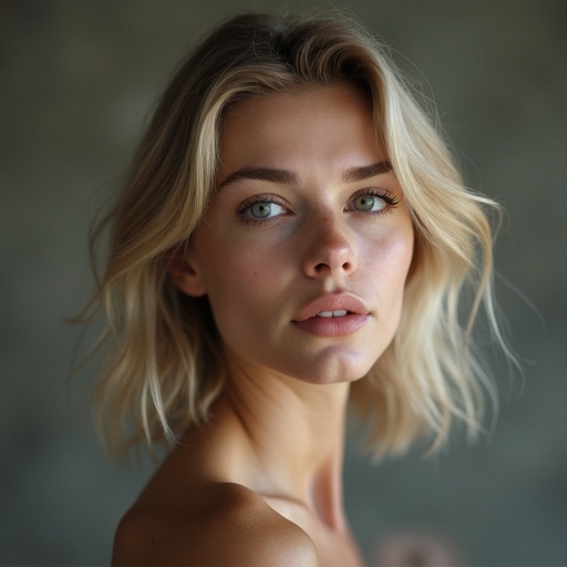 A tall pale white woman with an elegant hairstyle. The atmosphere is soft and calm with natural lighting focusing on her demeanor and expression. Her body language suggests insecurity despite her beauty. The background is blurred, enhancing her presence in the scene.