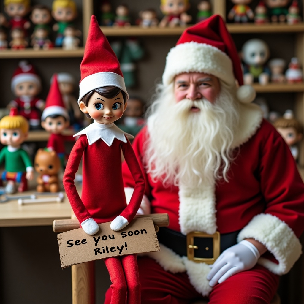 Elf on the shelf in a red outfit holding a sign that says ‘See you soon Riley!’ is sitting with Santa in a workshop. Funko Pops are being made in the background.