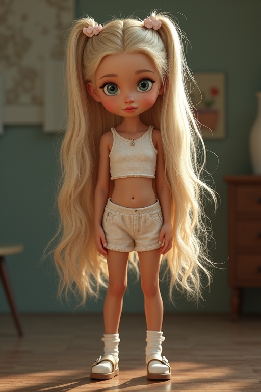 Portrait of a young girl with long blonde hair styled with clips and bows. She wears a tight crop top and shorts. Her attire is complemented with white socks and sandals. The image showcases her beautiful tanned skin. Captured in a photo realistic manner with realistic shadows and high resolution quality.