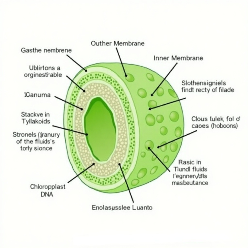 Detailed diagram of a chloroplast. Green color indicates photosynthesis function. Labels various parts including outer membrane, inner membrane, stroma, granum, thylakoids, chloroplast DNA. Thylakoids stacked in granum, surrounded by lumen. Stroma fluid matrix with ribosomes and components.