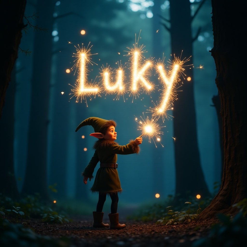 Elf writes the name Luky using a sparkler. A magical forest setting at night with soft glow from sparks. Mystical atmosphere.