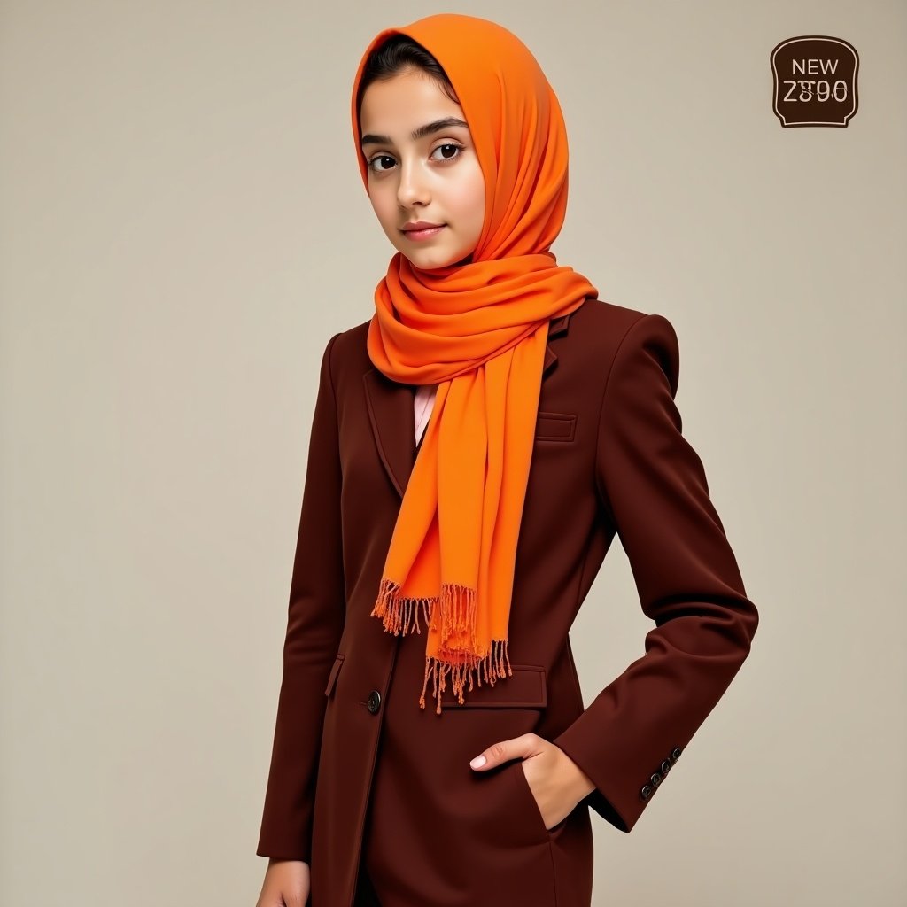 Young beautiful model wearing a vibrant orange shawl. The model is dressed in a tailored brown suit with a long-sleeved shirt underneath. The orange shawl adds texture and color. The background is neutral, enhancing the outfit.