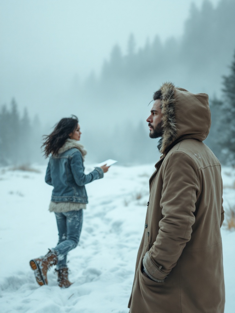 A chilly winter landscape with snow-covered ground. A designer stands tall in a beige coat. A bohemian woman approaches with determination. Natural light illuminates the scene with fog in the background. They embrace warmly amidst the cold.