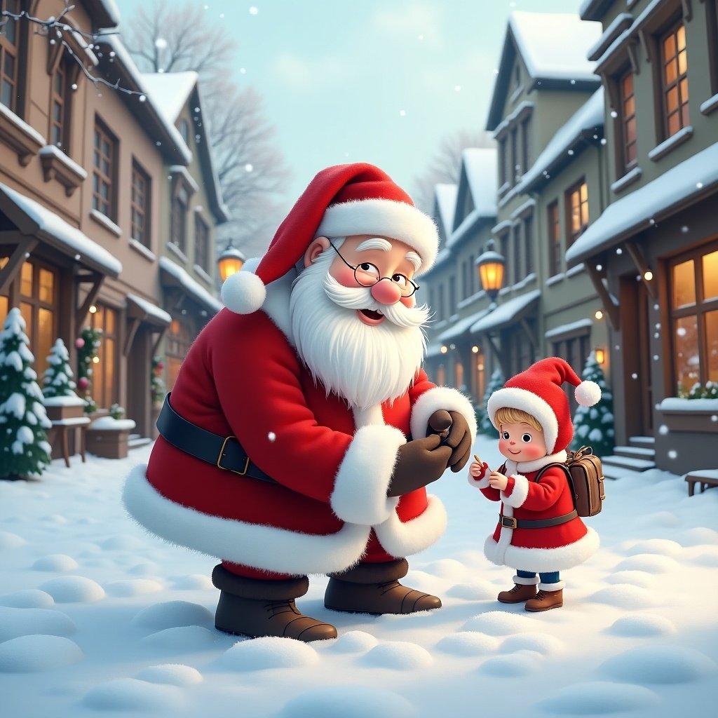 Santa Claus in red and white clothing is interacting with a child in a snowy street. The scene features charming buildings and a cheerful holiday atmosphere.