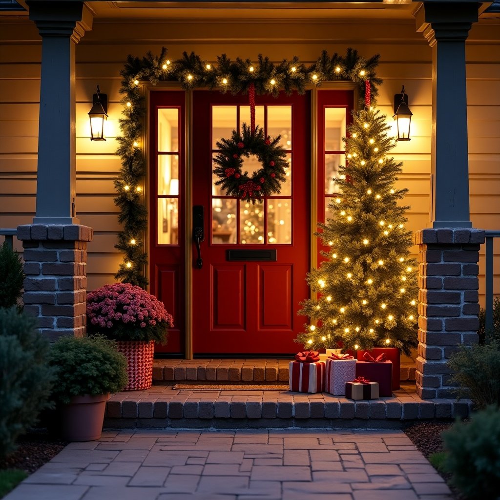 Create an image of a cozy home entrance beautifully decorated for Christmas. The focal point should be a bright red front door surrounded by festive greenery, including a wreath and twinkling lights. There should be a Christmas tree adorned with ornaments nearby, reflecting the holiday spirit. Soft lighting from lanterns enhances the warm and inviting atmosphere, while presents wrapped in colorful paper sit at the foot of the door. Include details like potted plants and seasonal flowers for added charm. The scene should evoke feelings of warmth and joy during the holiday season.