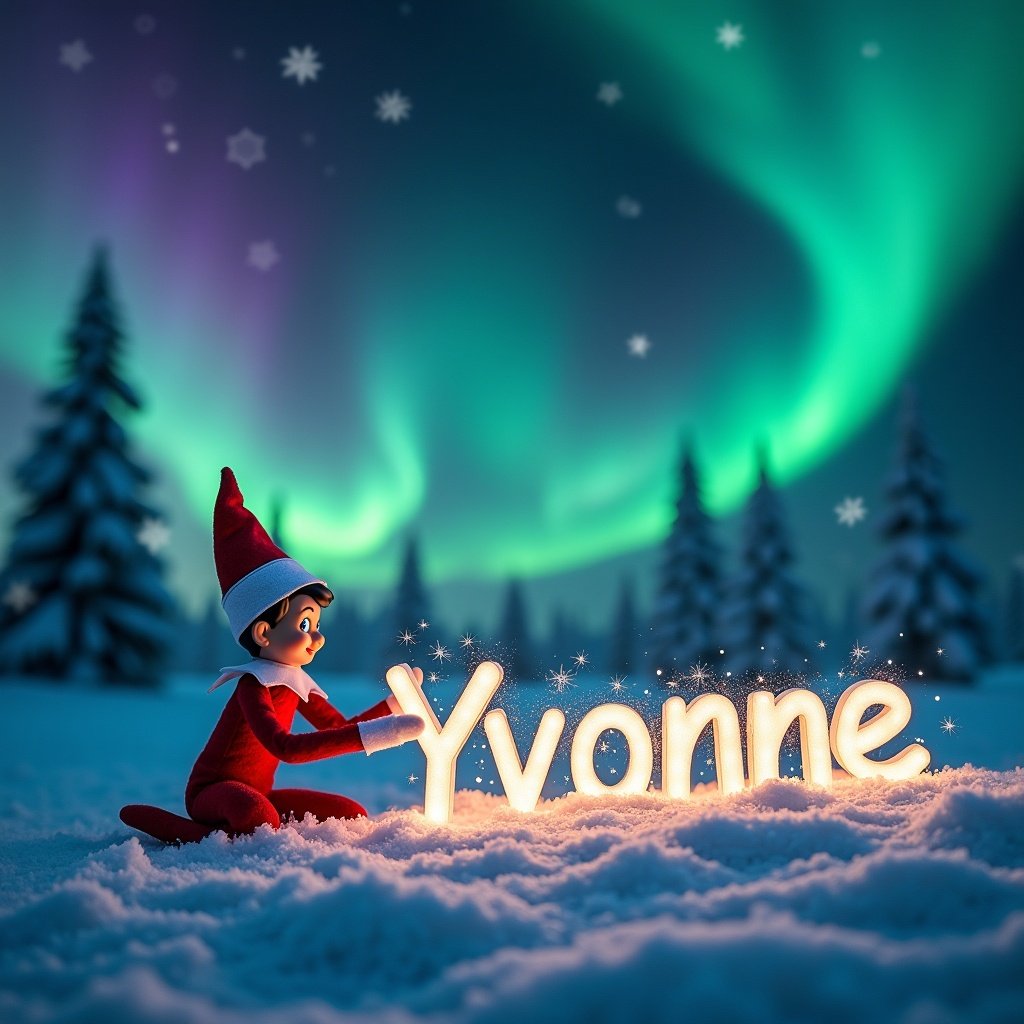 Elf on the shelf writing the name Yvonne in glowing letters on the snowy ground. Northern lights illuminate the background.