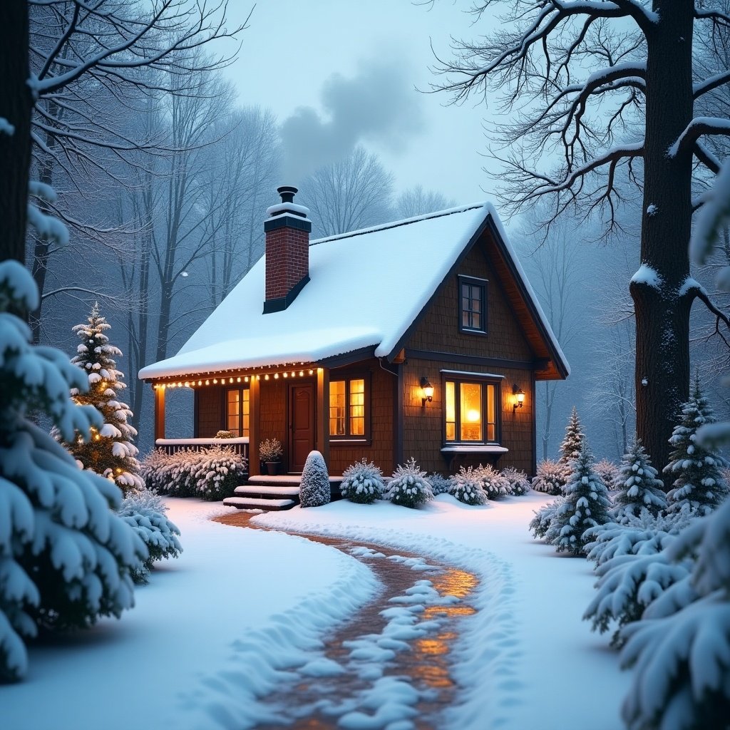 Cozy small house in falling snow during winter. Smoke rising from the chimney. Warmly lit from within. Snow blankets the ground and trees. Idyllic winter scene evoking warmth and comfort. Feature cozy cottage with warm lights. Snow-covered trees lining a winding path. Soft snowfall in a festive, peaceful atmosphere.