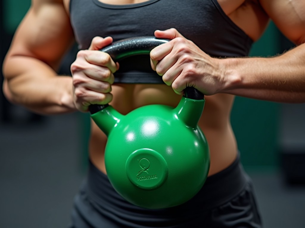 This image captures a close-up view of a person holding a green kettlebell at chest height, showcasing their toned arms and core. The background is softly blurred, directing full attention to the strength and determination depicted in the subject's pose. The lighting accentuates the kettlebell’s vibrant color and the individual’s muscular definition.