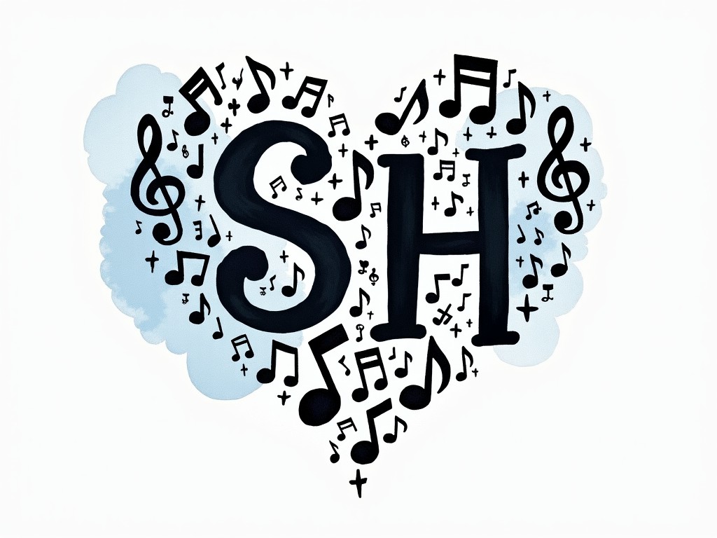 This image features the letters 'S' and 'H' prominently surrounded by an array of musical notes, forming a heart shape on a watercolor-like blue background. The interplay of bold black symbols against the soft blue gives the artwork a dynamic, yet calm appeal, evoking a sense of musicality and harmony.