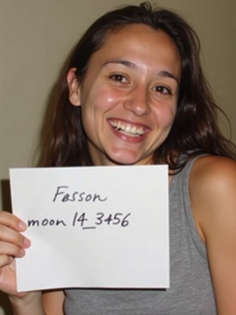 A smiling person holds a piece of paper with the handwritten name moon 14_3456. The person has a joyful expression. The right arm and hand are fully visible.