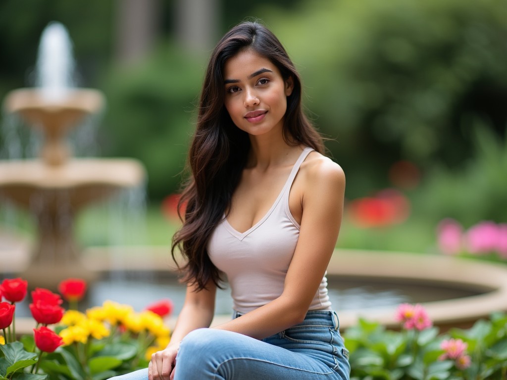 A young Indian woman is sitting in a tranquil garden setting. She is 25 years old, with long hair cascading down her shoulders. Wearing a fitted tank top made of breathable fabric and slim jeans, she is looking directly at the viewer with a gentle smile. The background features a variety of vibrant flowers in shades of pink and yellow, alongside a peaceful fountain that adds to the serene atmosphere. The natural light enhances her features, creating a warm and inviting scene.