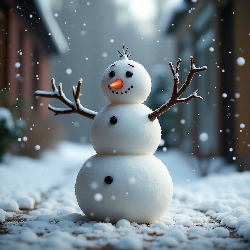 Snowman made of snow with branches as arms and a carrot nose. Placed on the floor. Eye-level perspective without any background.