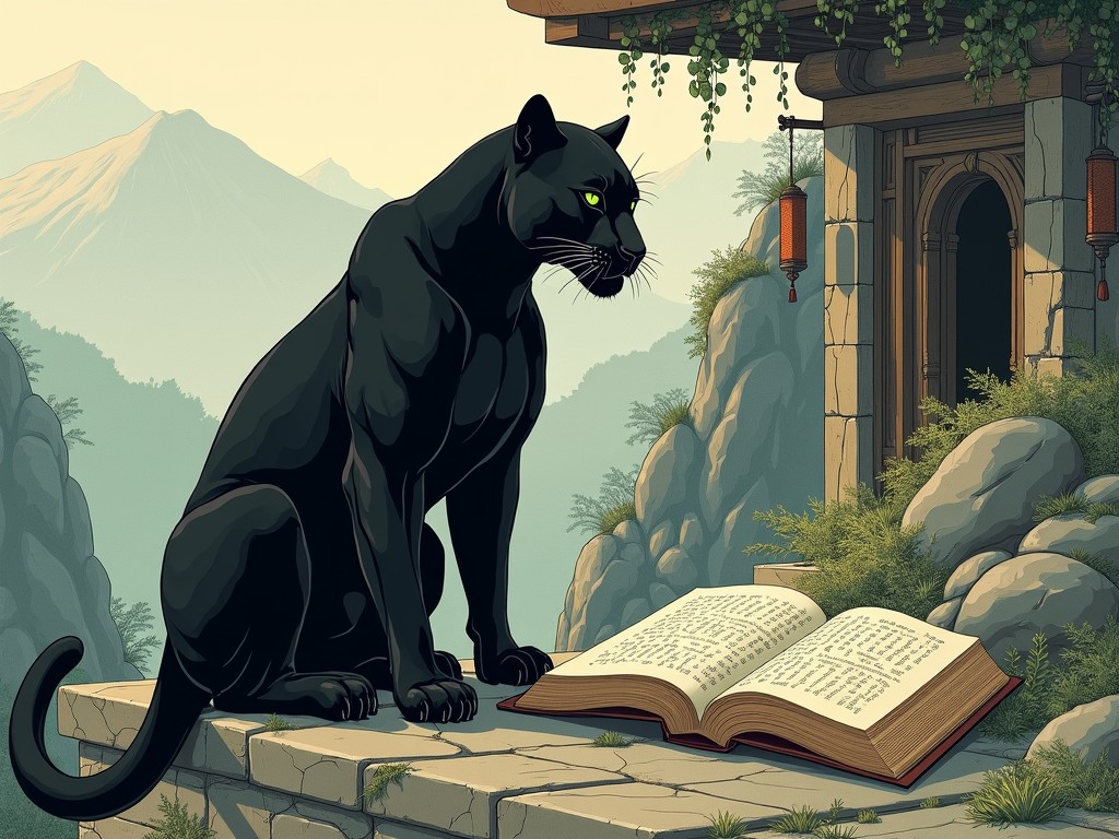 This illustrative image features a majestic black panther sitting beside an open ancient book on a stone ledge. The setting is amidst a serene mountainous landscape with a traditional architectural structure adorned with hanging lanterns and creeping vines. The scene captures a mystical and contemplative atmosphere, suggesting themes of wisdom and guardianship.