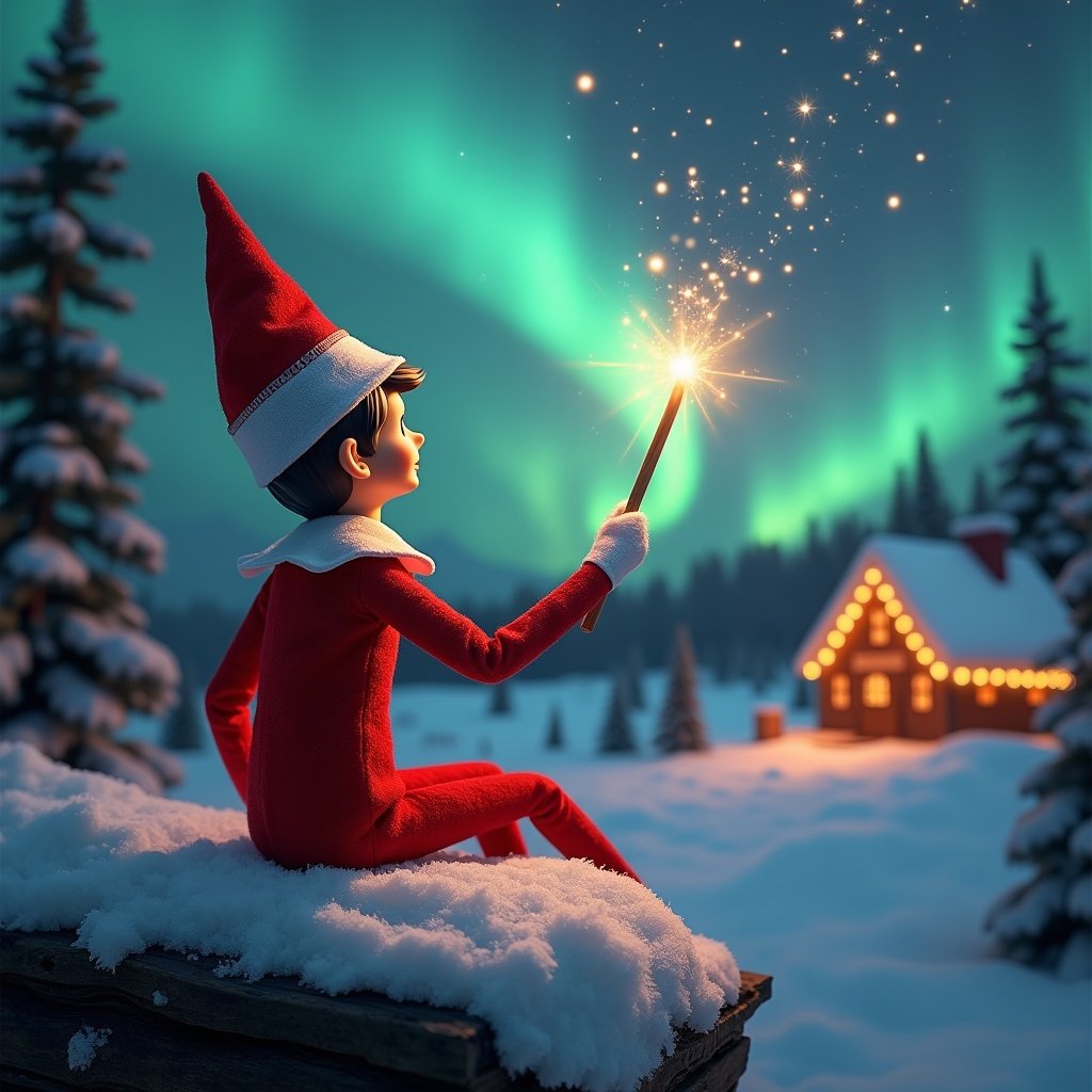 An elf on the shelf gazes up while holding a glowing wand. Colorful northern lights illuminate the night sky. A cozy cottage shines in the distance, surrounded by snow.