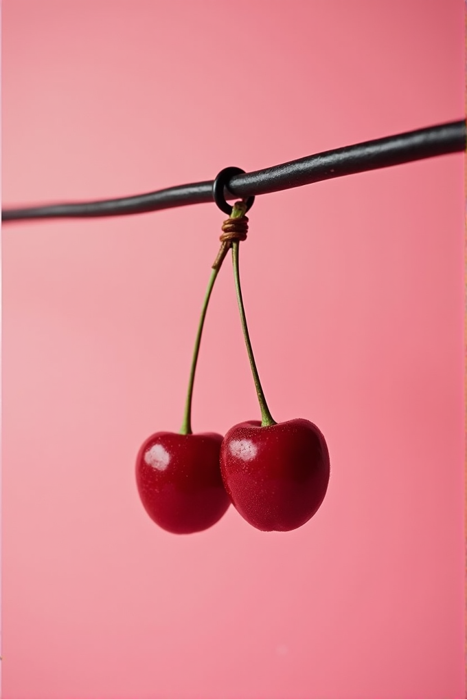 Two cherries are tied to a black wire against a pink background.