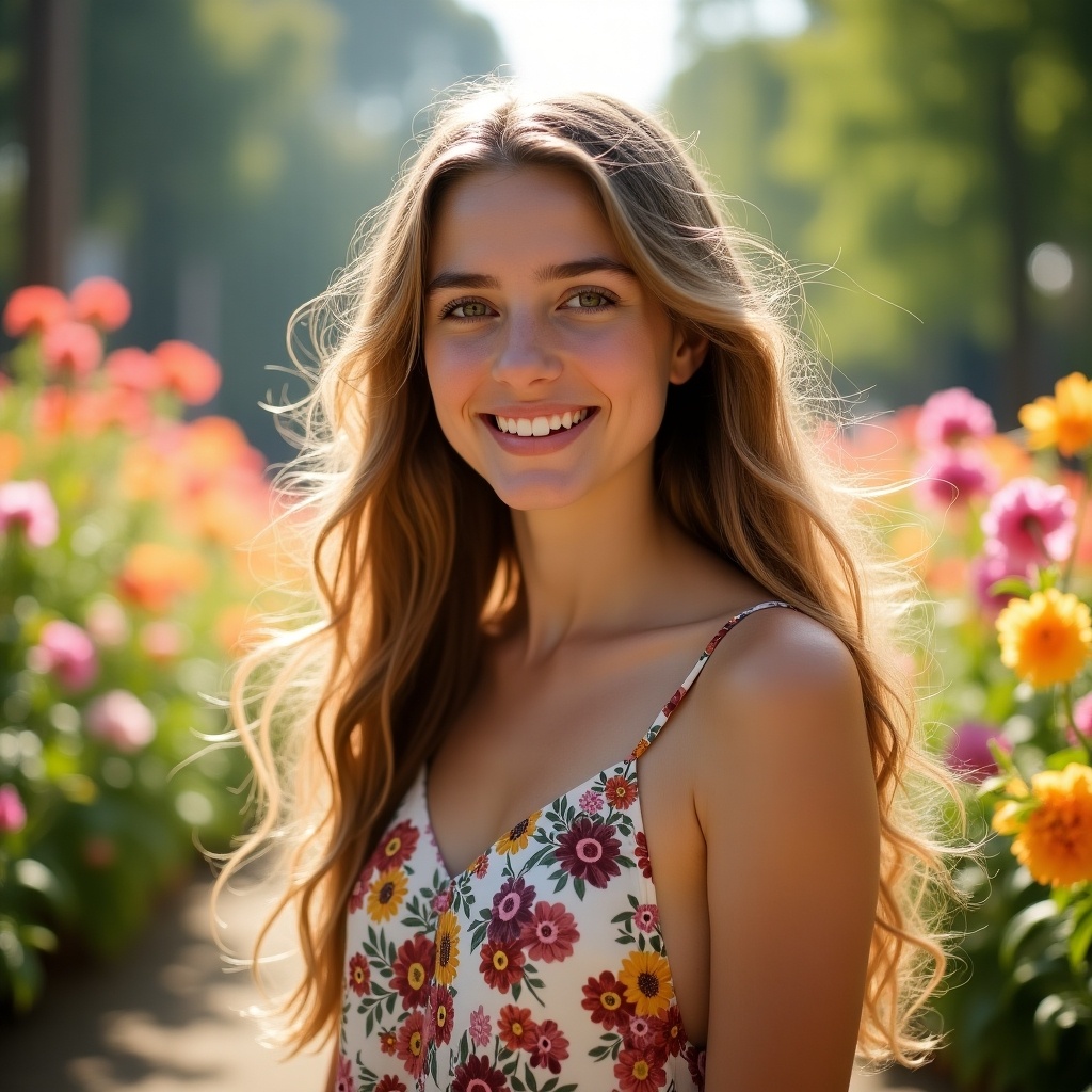 A young woman stands in a vibrant flower garden, surrounded by blooming flowers of various colors including pink, yellow, and purple. She has long, flowing hair and wears a light, floral-patterned dress that complements the natural scene. The sunlight cascades gently over her, highlighting her bright smile and cheerful demeanor. The background is filled with colorful flowers that create a picturesque landscape. This portrait radiates warmth and happiness, inviting viewers into a serene and joyful moment in nature.