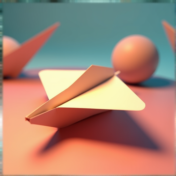 A paper plane sits on a colored surface with spheres in the background.