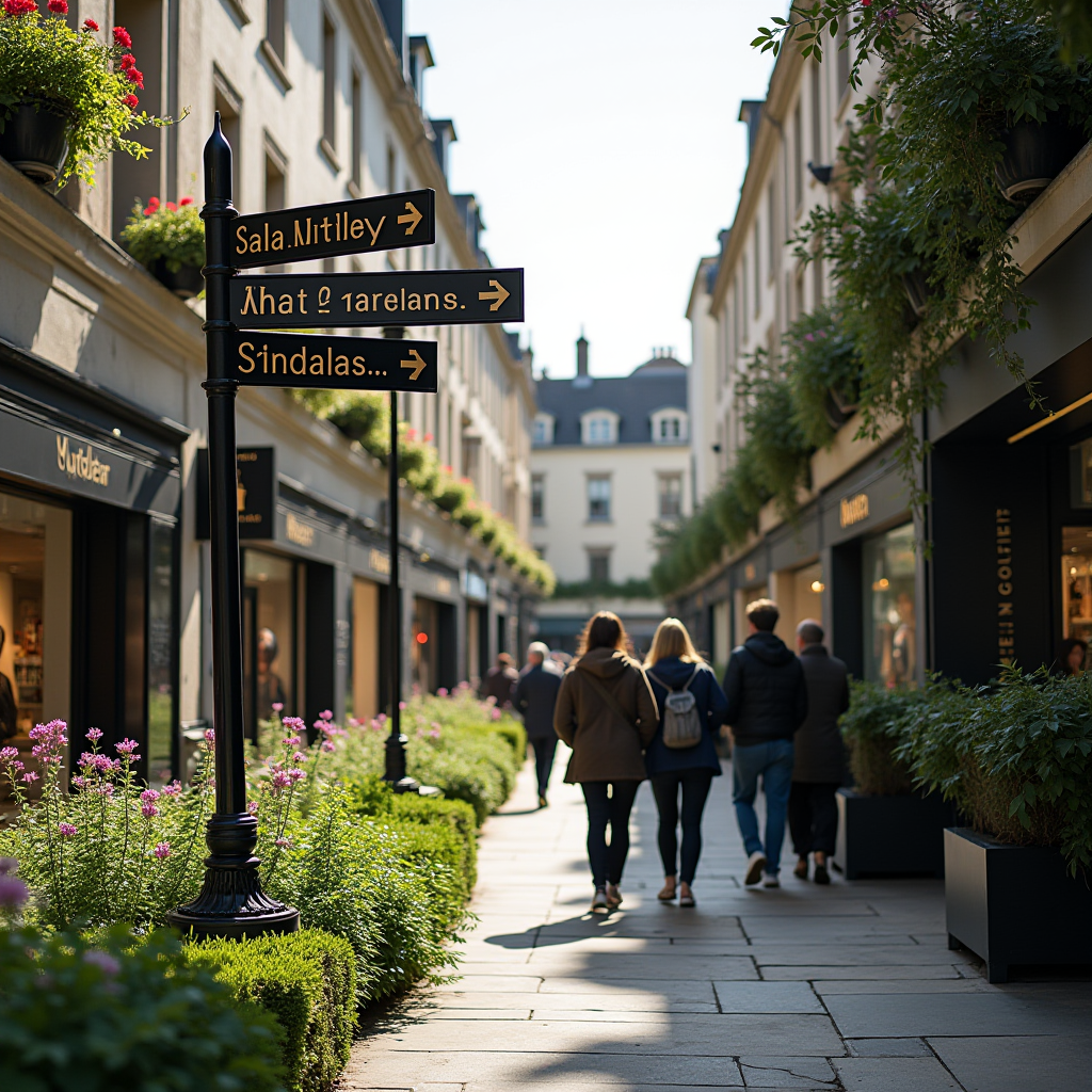 A quaint pedestrian alleyway lined with shops and lush greenery, featuring a vintage-style signpost and several people walking along the path.