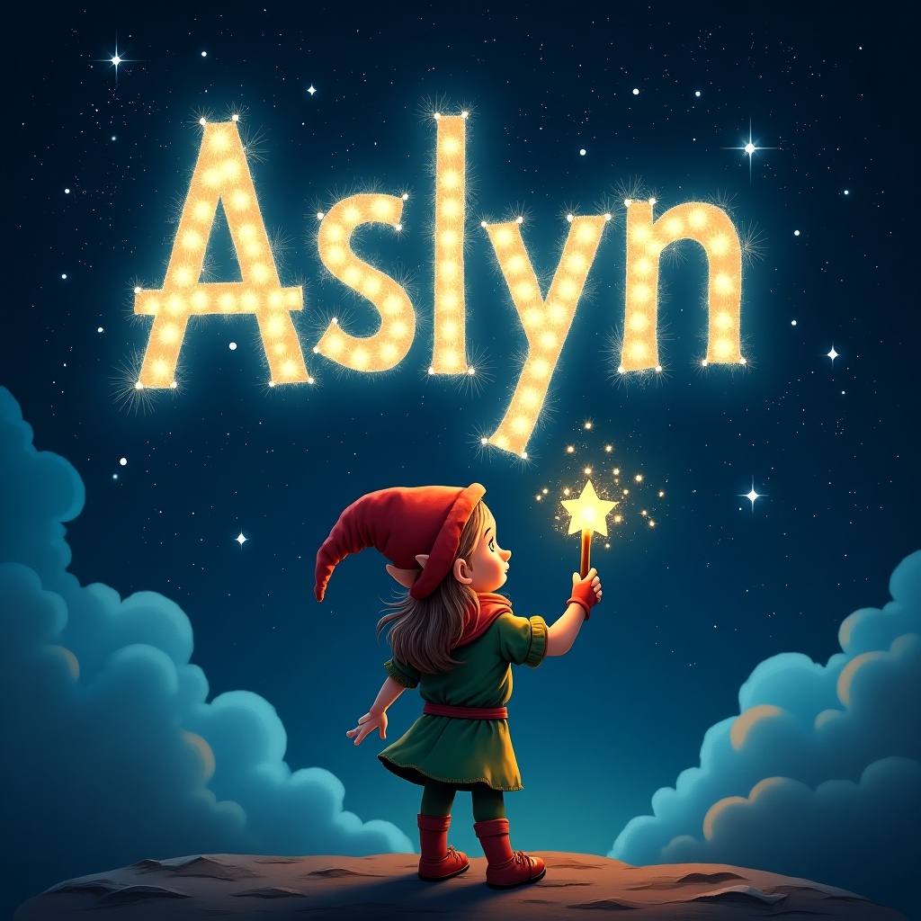 An elf writes the name Aslyn in sparkling letters. The background features a starry night sky. Dark clouds enhance the luminous text. The elf wears colorful clothing. Twinkling stars add whimsy.