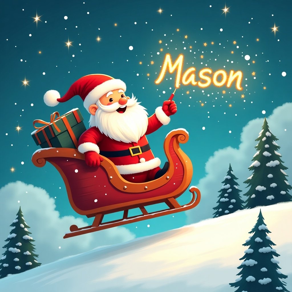 Santa Claus rides in his sleigh through a snowy landscape. Sky filled with twinkling stars. Surrounded by fluffy clouds and evergreen trees. Santa writes the name 'Mason' in sparkling letters. Represents joy and festive cheer.