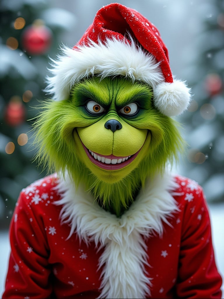 Transform a person into a Christmas Grinch with a sly grin and green fur. Dress in a red Santa suit with white trim, slightly torn. A Santa hat is on the head. The background features a snowy winter scene with pine trees and decorations.