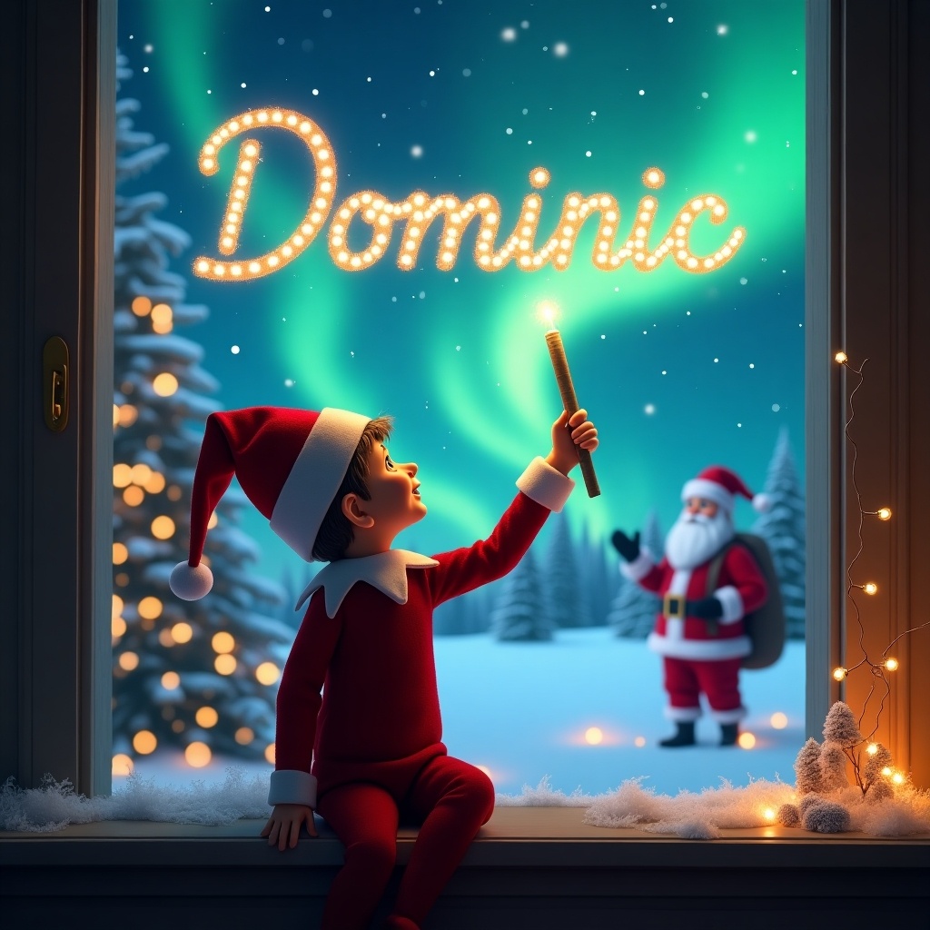 An elf on the shelf with a red and white outfit is facing the sky, using a wand to write the name 'Dominic' in bright, glowing letters. The background depicts a magical Christmas scene with twinkling lights and a snowy landscape under the Northern Lights. Santa can be seen in the background, adding to the festive atmosphere. Soft snowflakes gently fall, enhancing the magical feel of the image. The elf's expression radiates joy and wonder as he creates this enchanting display in the night sky.