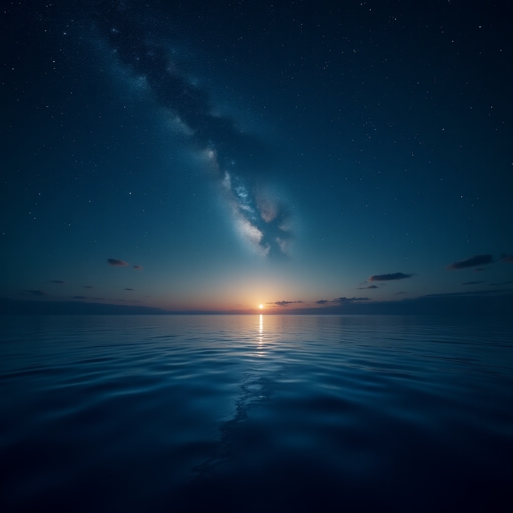 Stars shine above a calm ocean. The Milky Way arches across the night sky. A sunset glimmers on the water's surface. Peaceful and expansive atmosphere.